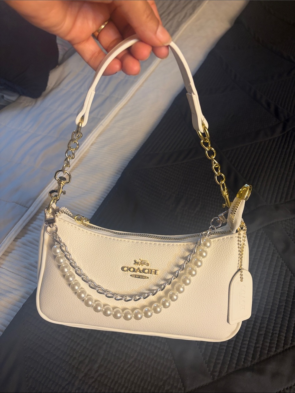 Coach White Leather Pearl-Accent Shoulder Bag with Gold Hardware